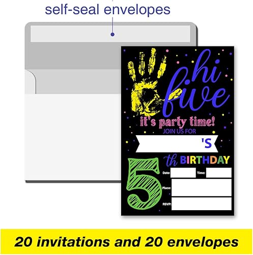 Miniatura 3 de VAHATAN Hola Cinco Invitaciones para fiesta de 5 cumpleaños, 20 paquetes de invitaciones de cumpleaños de 5 años con sobres, coloridas tarjetas de