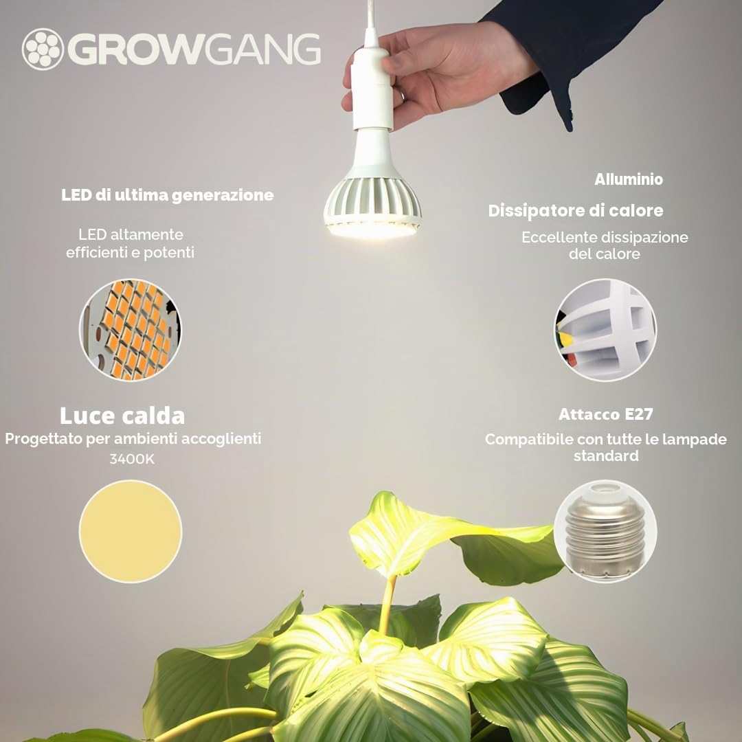 Coltiva luci per piante da interno, Lampadina a LED a spettro completo, luce per coltivazione indoor per piante grasse erbe e cactus, germinazione di piantine, E27, PPF μmol/s 33.1.