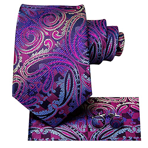 Image of Hi-Tie Paisley Floral Ties Set for Men Silk Mens Stripes Necktie Pocket Square Cufflinks Set Formal Business
