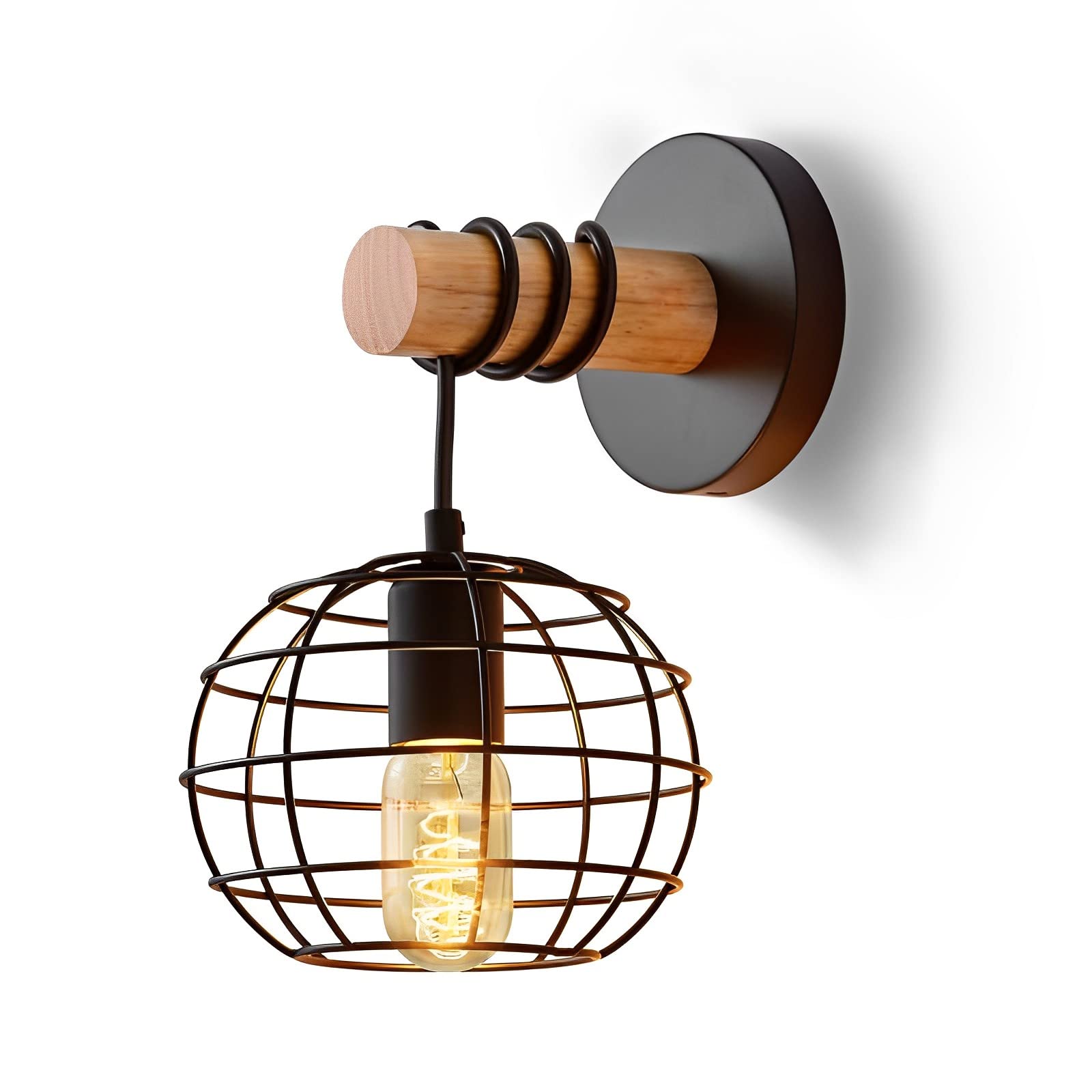 MESOVFCA Industrial Cage Wood Wall Lamp, Retro Interior Black Wood Wall Sconce Mounted Lighting Fixture E26 Base - Vintage Light Decoration for Living Room Bedroom Bedside,1pack