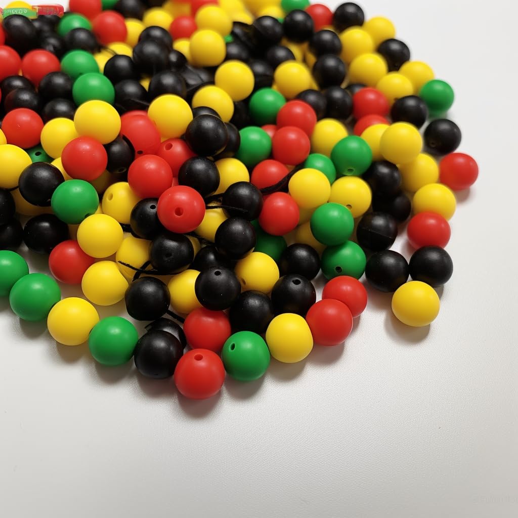 120 PCS + Elastic Cord Silicone Beads Kit - 12mm Eco-Friendly Mixed Colors (Yellow, Green, Black, Red) for DIY Keychains, Bracelets, Necklaces - Rasta Beads Craft Set with 5m Elastic Cord.