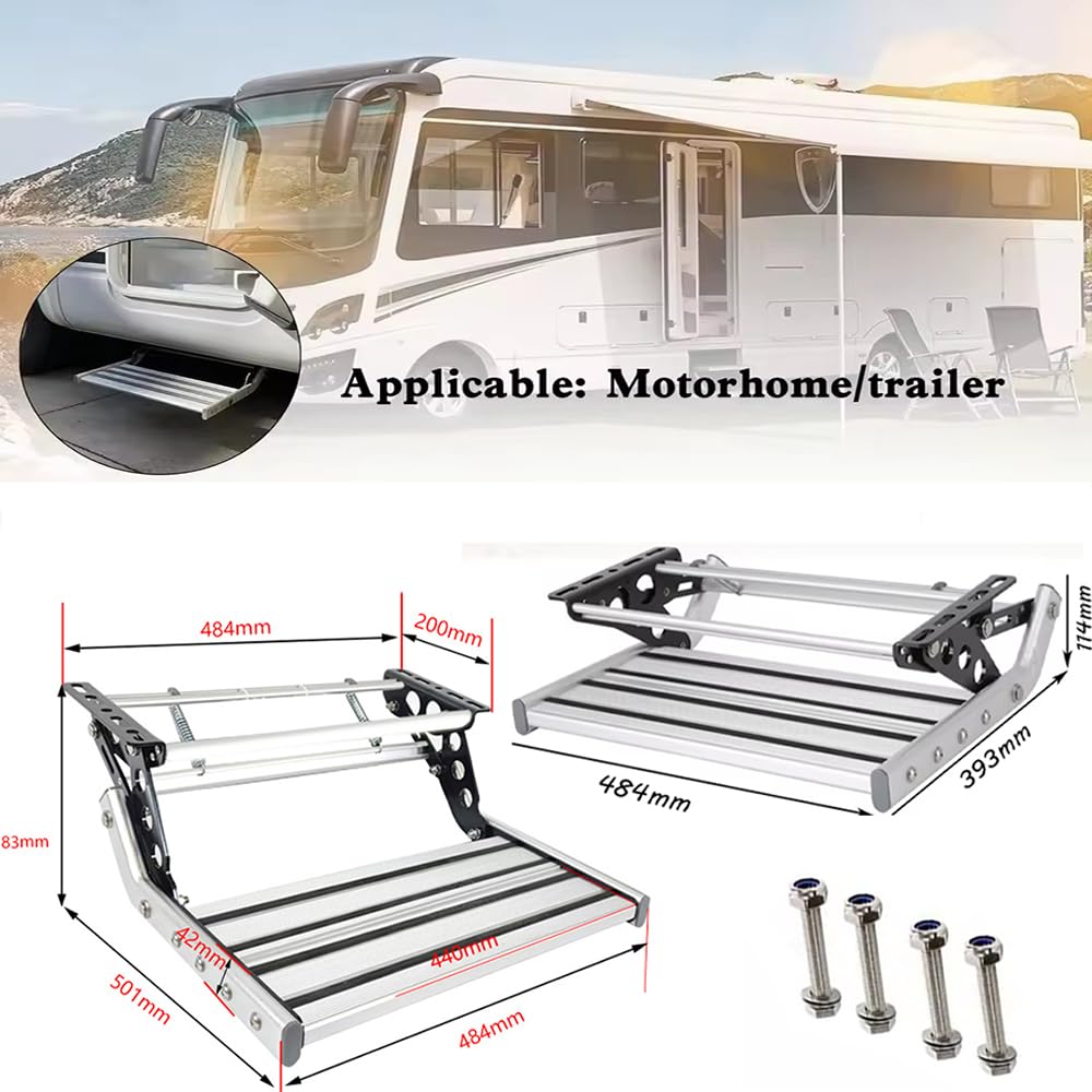 HEYOUTH Escalón Plegable para Autocaravanas – Plataforma de Aluminio Antideslizante, Plegado Manual, Soporta 200 kg, Iluminación LED 12V y Refuerzo de Resorte (Instalación con Tornillos)