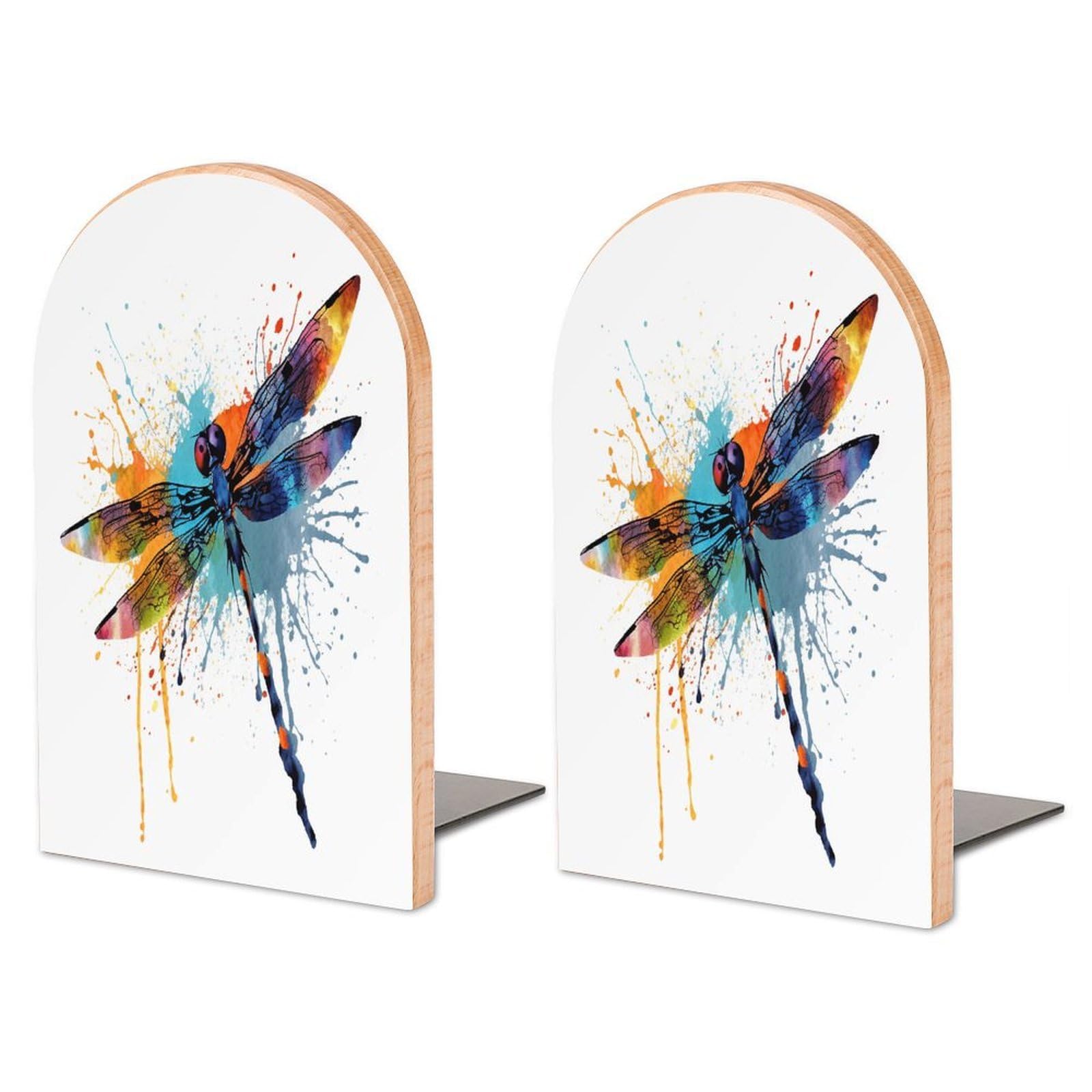 Paint Splash Dragonfly Bookend for Shelves Wooden Book End Large Size Sturdy Book Holders Stoppers with Metal Base for Bookshelves Slick Decorative Bookends Stands