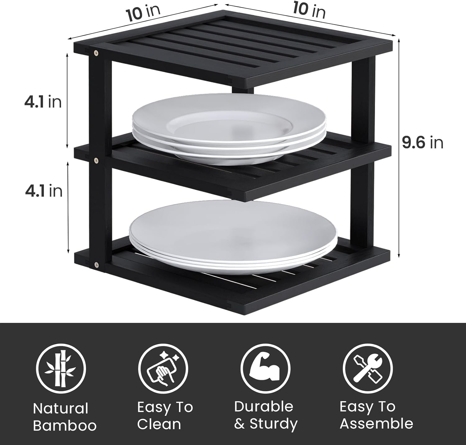 2 Pack Bamboo Corner Shelf,3 Tier Kitchen Cabinet Organizer for Plates and Dishes,Pantry Storage and Spice Rack（Black）