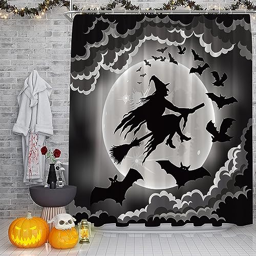 Cortina de ducha de bruja de Halloween, espeluznante, negro, gris, Halloween, escoba, murciélago, fantasma, luna llena, feliz Halloween, decoración de baño, cortina de tela con ganchos
