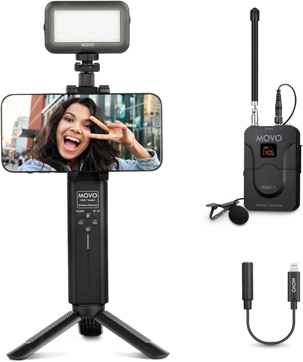 Movo iVlog8 Vlogging Kit for iPhone/Smartphone with Integrated VHF Wireless System, LED Video Light, Tripod Stand- Vlog Equipment, Mobile Accessories for Content Creators, Filmmakers, YouTube & More