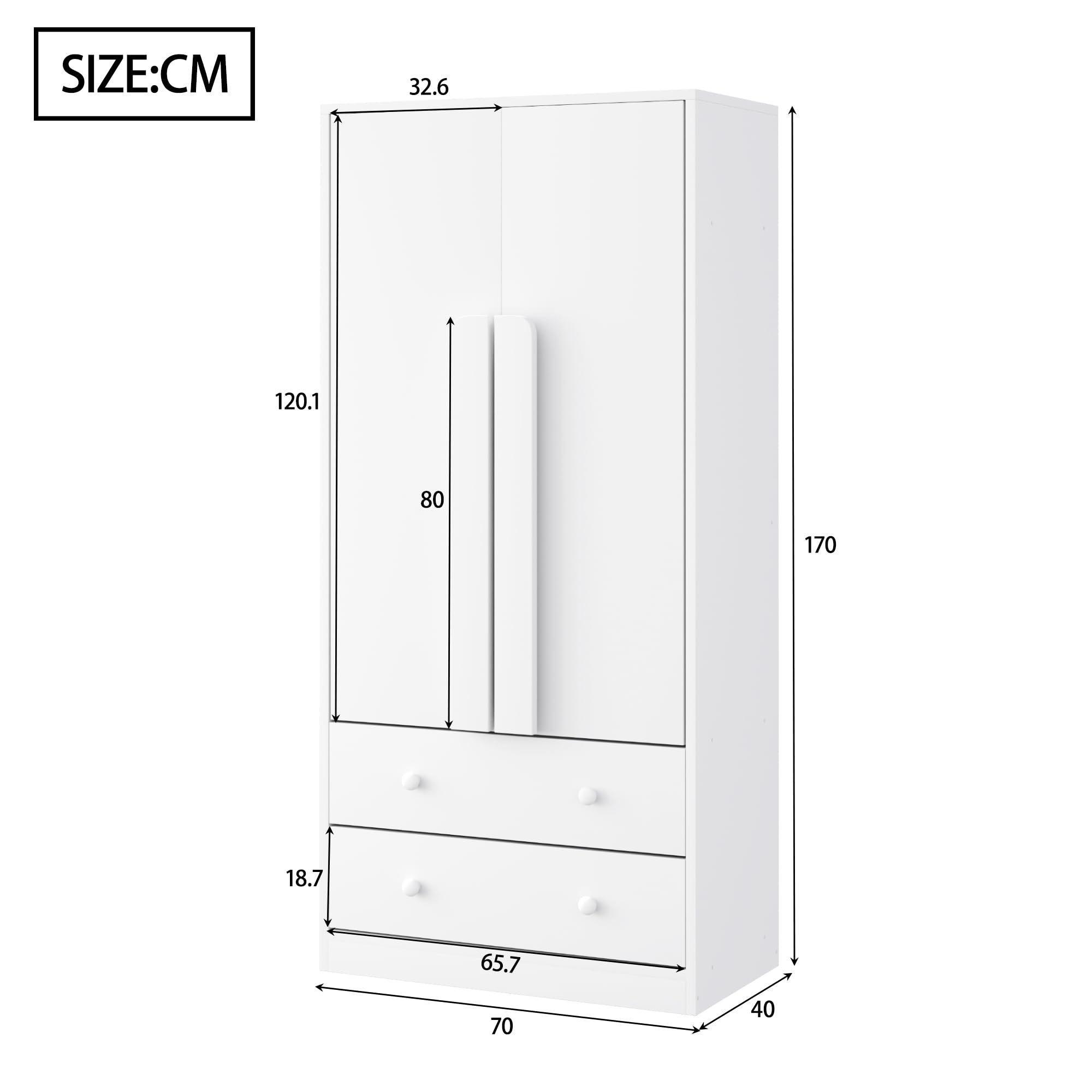 Kleiderschrank, Mehrzweckschrank mit 2 Türen 2 Schubladen, Vielseitiger Drehtürenschrank Garderobenschrank Garderobe Schrank Schlafzimmerschrank, Weiß, 70x40x170 cm