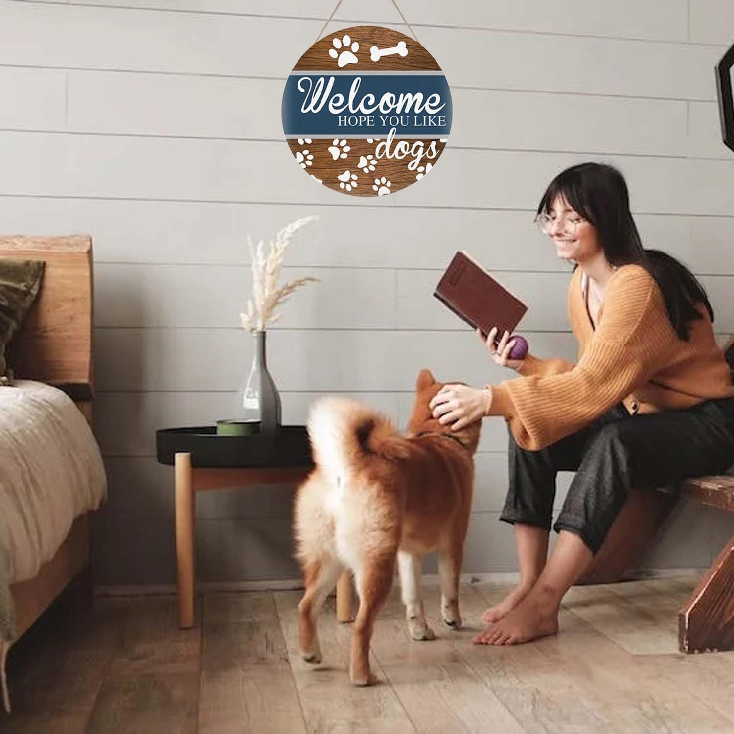 Welcome Sign for Dog Lovers - Rustic Wooden Door Hanging Sign, "Hope You Like Dogs" Decorative Round Plaque with Paw Prints, Perfect for Home, Front Porch, or Dog Owners' Gift - Image 4