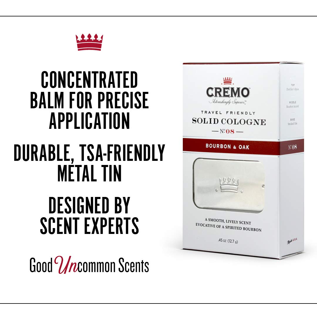 Cremo Bourbon & Oak Travel Friendly Solid Cologne, A Sophisticated Blend of Distiller’s Spice, Fine Bourbon and White Oak.45 Oz