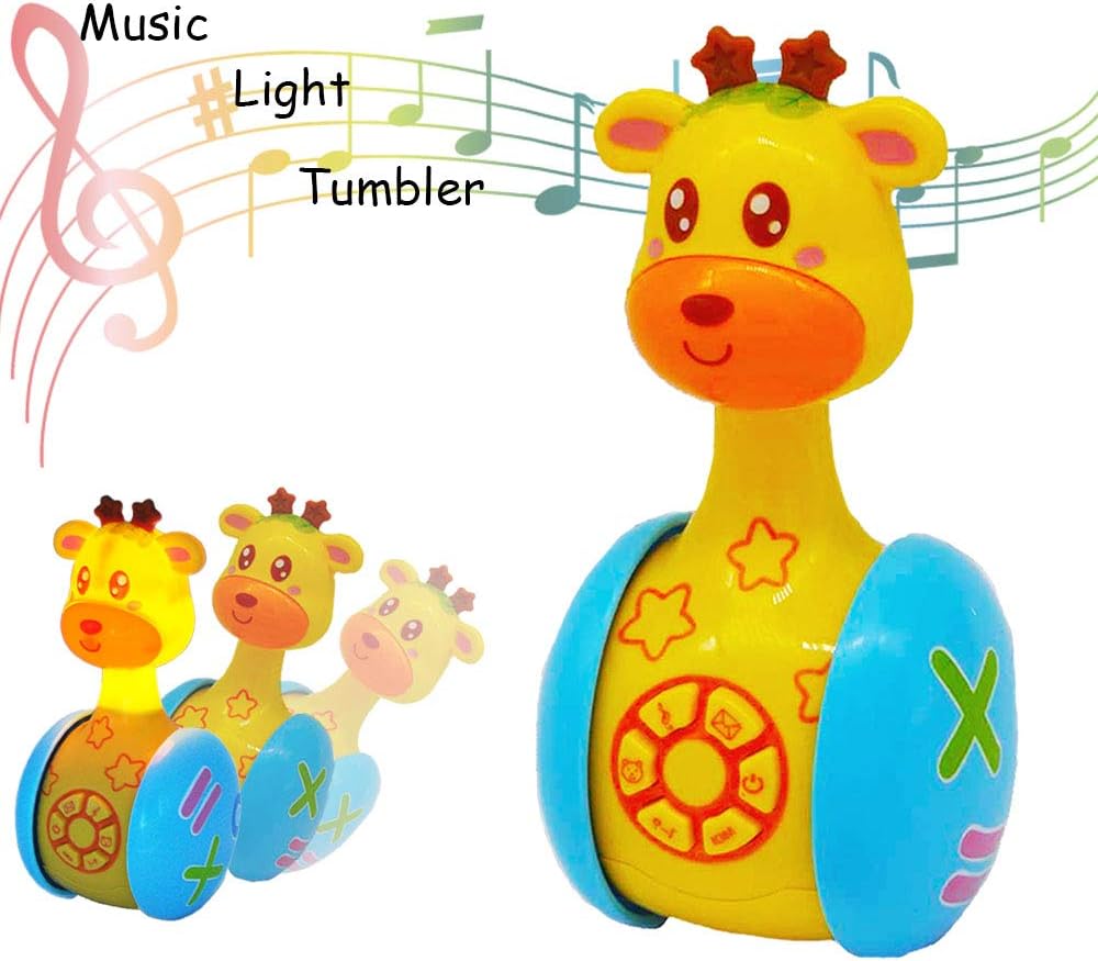 MARKKEER Giraffe Tumbler Doll Baby Musical Toy,Roly-Poly Rattles Toys with Lights, Sounds and Music Early Educational Toys for 3 Months Up Infants