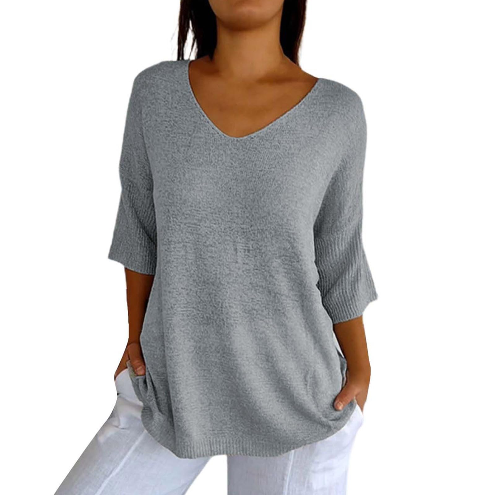Generic Jersey para mujer de gran tamaño, cuello de pico, camiseta de manga 3/4, blusa holgada, elegante, monocolor, blusa de verano, holgada, túnica, blusas para mujer, blusa elegante, informal, camisas de
