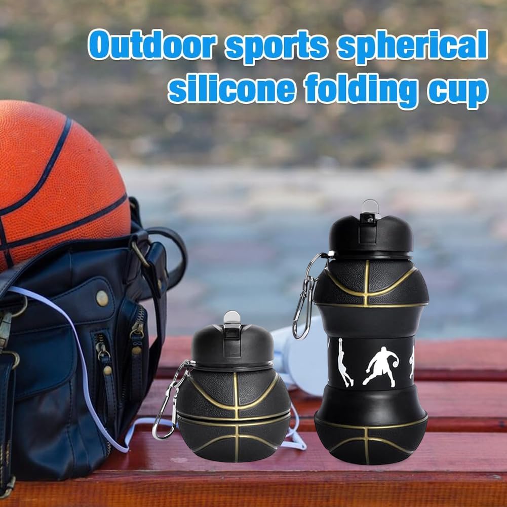 OPVXZAD Basketball-förmige Sport-Wasserflasche – 550 Ml, Silikon, Faltbar, Mit Karabiner, Auslaufsicher, Für Outdoor & Kinder