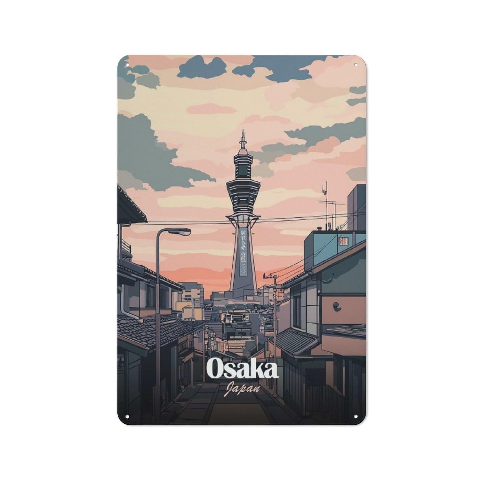 Osaka Skyline Illustration Workshop Style Metal Wall Decor 30x20cm, Garage Metal Sign for Workshop, Basement, Shed Or Games Room
