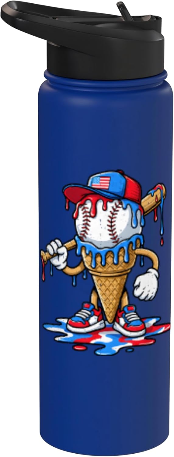 Baseball Drip American Flag for Boys Kids Youht 4th of July Stainless Steel Insulated Water Bottle