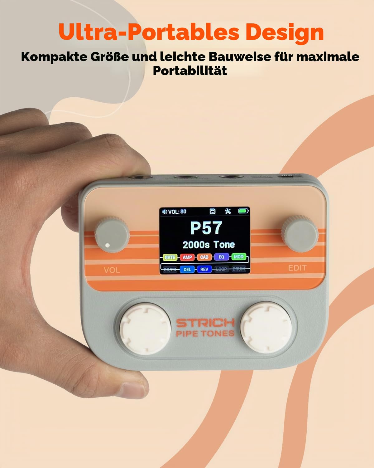 STRICH Pipe Tones Pocket Multi-Effekt Prozessor für Gitarre und Bass, 10 Effektmodule, 125 Effekte, 40s Looper, 100 Drum Patterns, USB Audio Interface, Wireless Control (Grau)