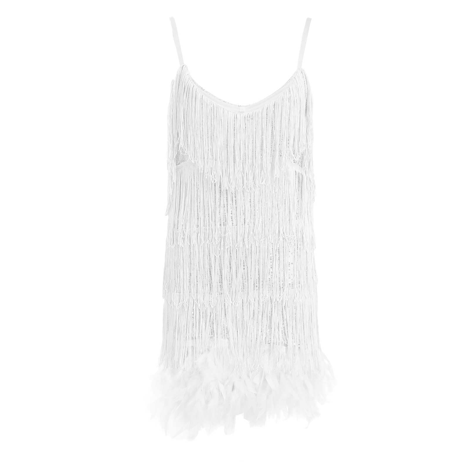 Robe sans manches en plumes à sequins à franges de couleur unie pour femmes Robe de Femme Robe Sequins Paillettes Couleur Unie sans Manches Bretelles Spaghetti Robe a Frange Deguisement Carnaval