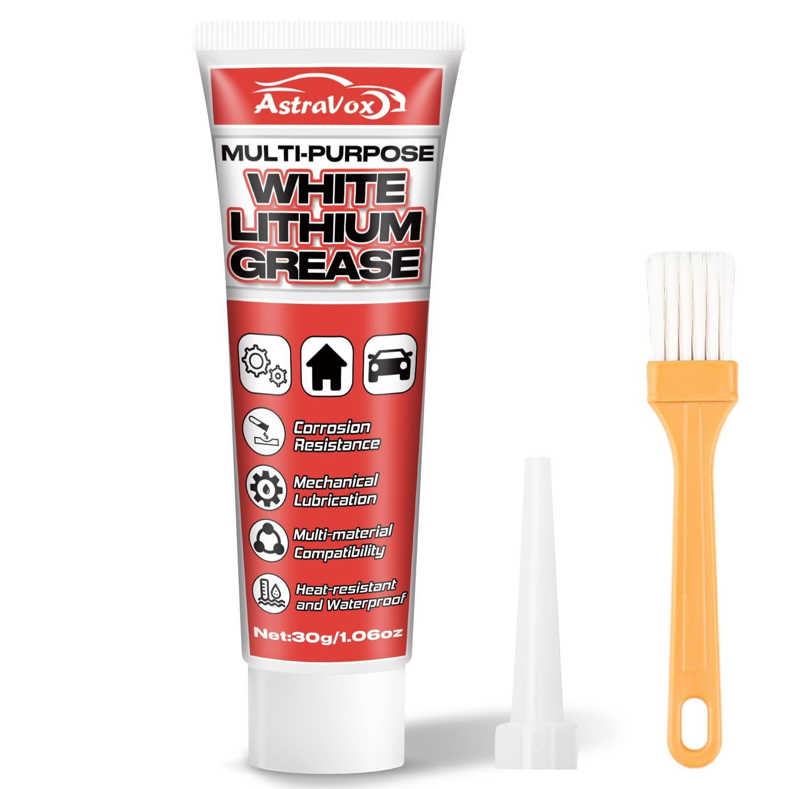AstraVox Grasa de Litio Blanca 30g Lubricante Multiusos con Cepillo para Bisagras Rodamientos Engranajes