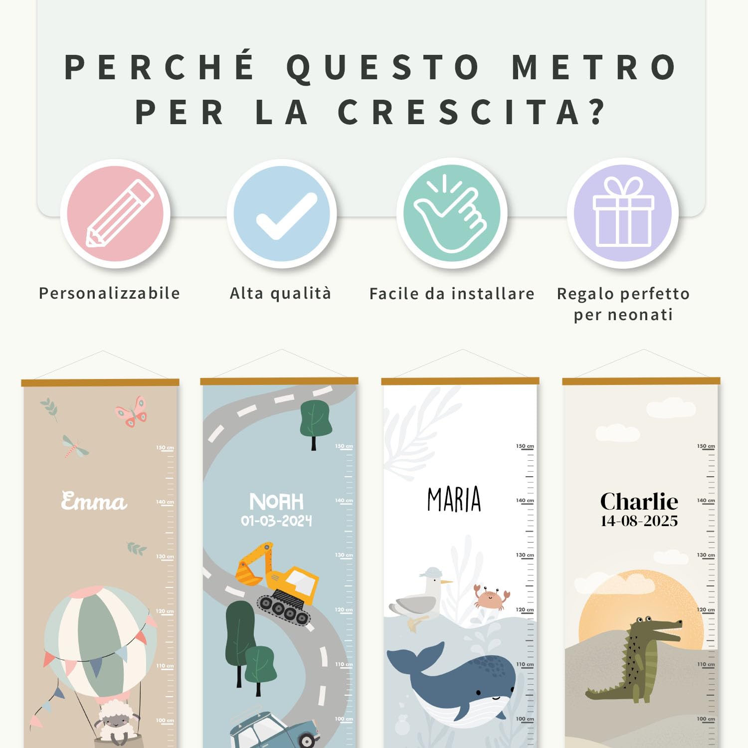 Metro crescita bimbi personalizzato con nome e data nascita decorazione cameretta 129x28 cm Mare