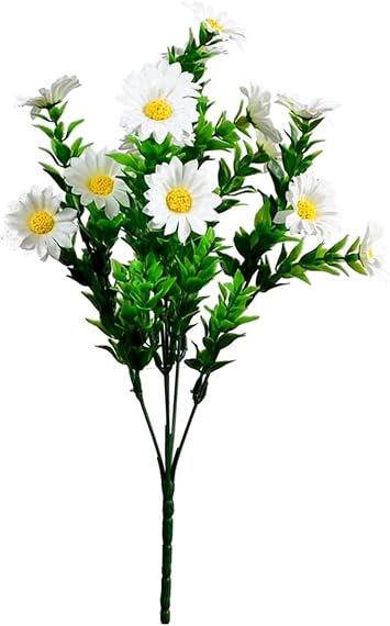 Daisy Flowers Artificial Gerber Daisy Stem with Green Leaves Fake Daisies Greenery Shrubs Plants Arrangements for Garden Front Door Pathway Faux Wildflowers Decor Vase Filler White