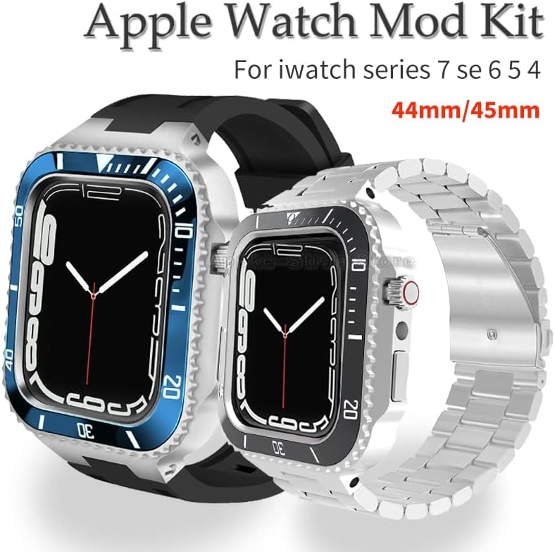 houcy 44mm luxury mod kit for apple watch band 8 7 45mm metal bezel cover for iwatch series 6 se 5 4 silicone strap steel case refit set color grey