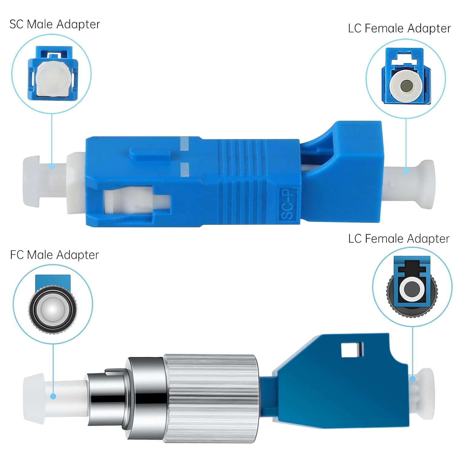2Pcs Singlemode FC Male to LC Female Adapter & 2Pcs SC/UPC Male to LC/UPC Female Adapter & 1Pcs ST Female to LC Female Adapter 9/125um Hybrid Optical Connector