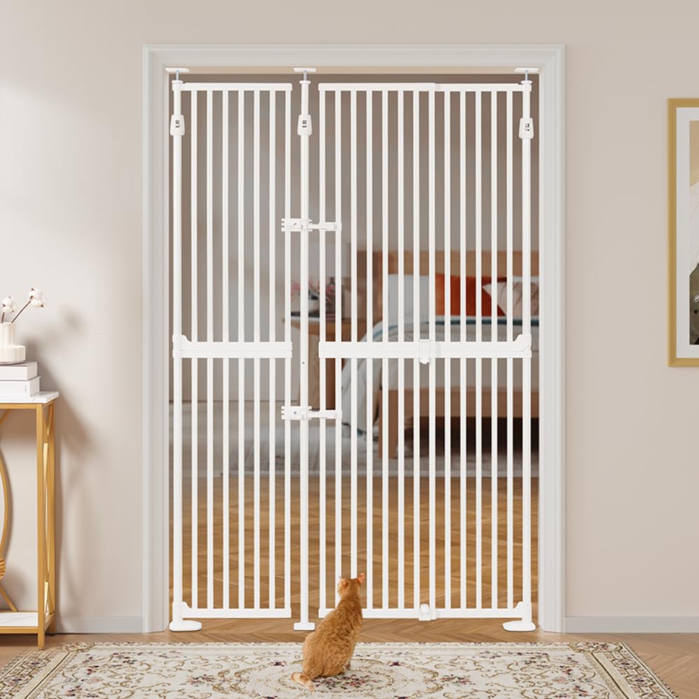 unipaws 75" High Extra Tall Cat Gate, Upgrade 3 Support Pillars-Stable Increase, Auto Closing and No Drilling Cat Dog Proof Safety Gate for Doorway, Stairs, Fit for 35"-51" Wide Opening, White