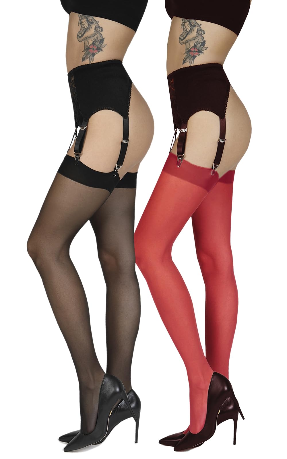 Annes Styling Women's 2Pk Nero/Rosso Plain Thin Suspender Stockings For Suspender Tights For Garter Belt 20 Den Plain Top Sheer Stockings, Nero & Xl/Xxl, 2-Pack