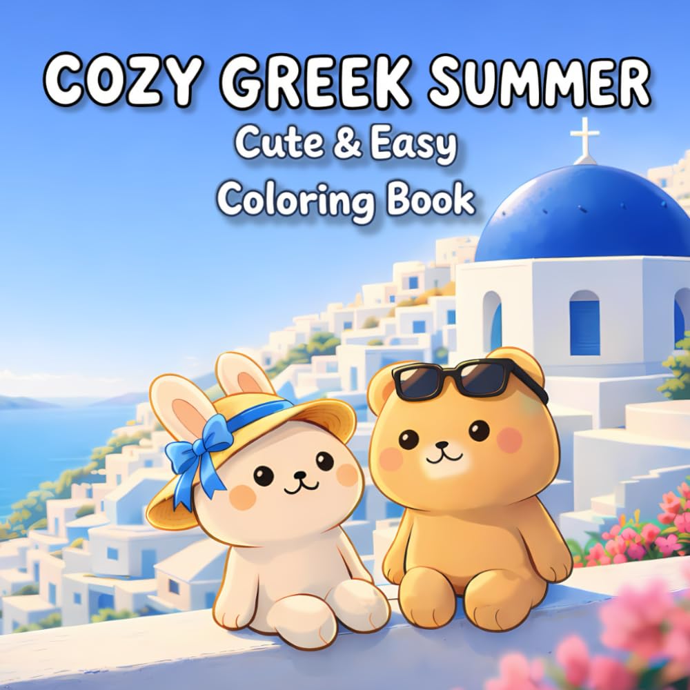 Cozy Greek Summer: Cute and Cozy Greece Coloring Book for Adults & Teens | Bold and Easy: 40+ Mediterranean Designs with Cute Animals, Santorini ... Relief for Beginners, Seniors & Relaxation