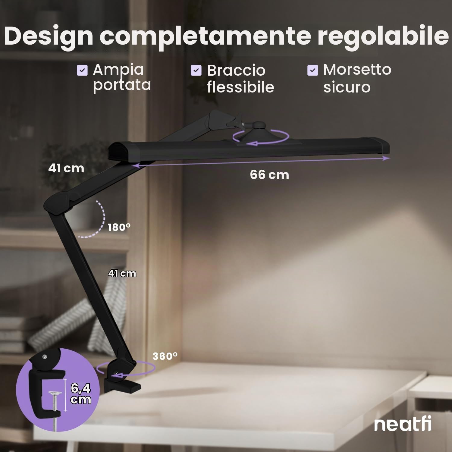 Neatfi Lampada da Scrivania LED da 3.500 Lumen – 45W Dimmerabile | 3 Modalità di Luce | 540 LED SMD | Controllo Touch | Paralume in Metallo Largo 66cm | Artigianato e Ufficio (Nero, CCT con morsetto)