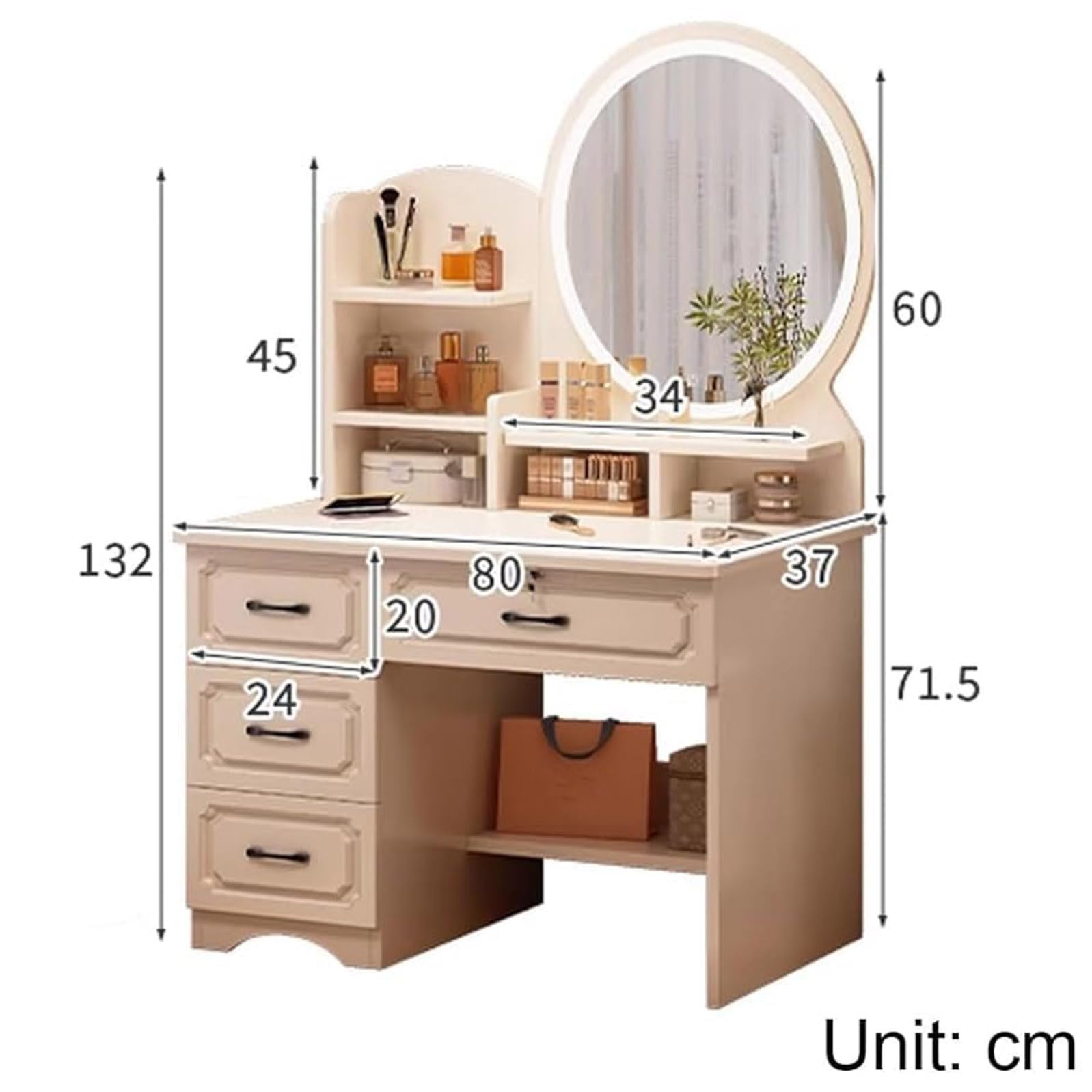 Toaletka LED do makijażu z 3 kolorowym oświetleniem lustrzana toaletka na kosmetyki, 4 szuflady do przechowywania, 130 x 80 x 37 cm, biała, bez stołka