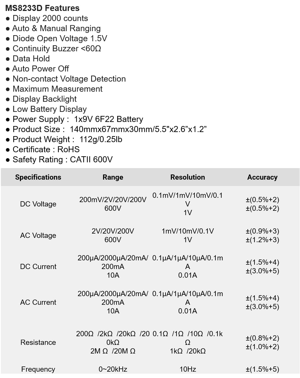 Mastech MS8233D Digital Multimeter front view showing display, rotary dial, and input jacks.