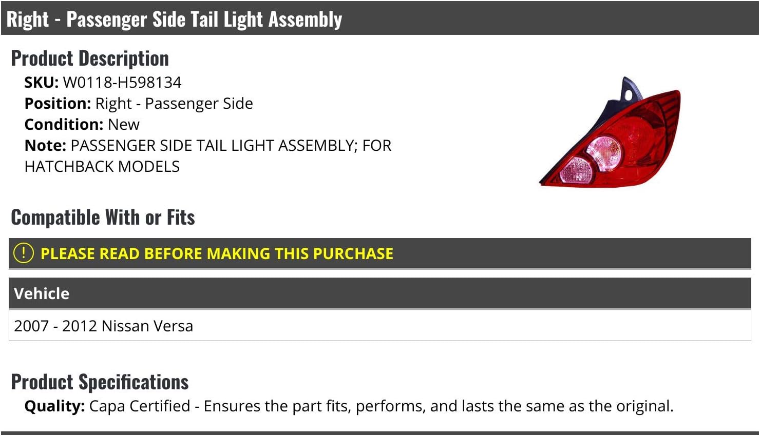 Marketplace Auto Parts Right Passenger Side Tail Light Assembly - Compatible with 2007-2012 Nissan Versa