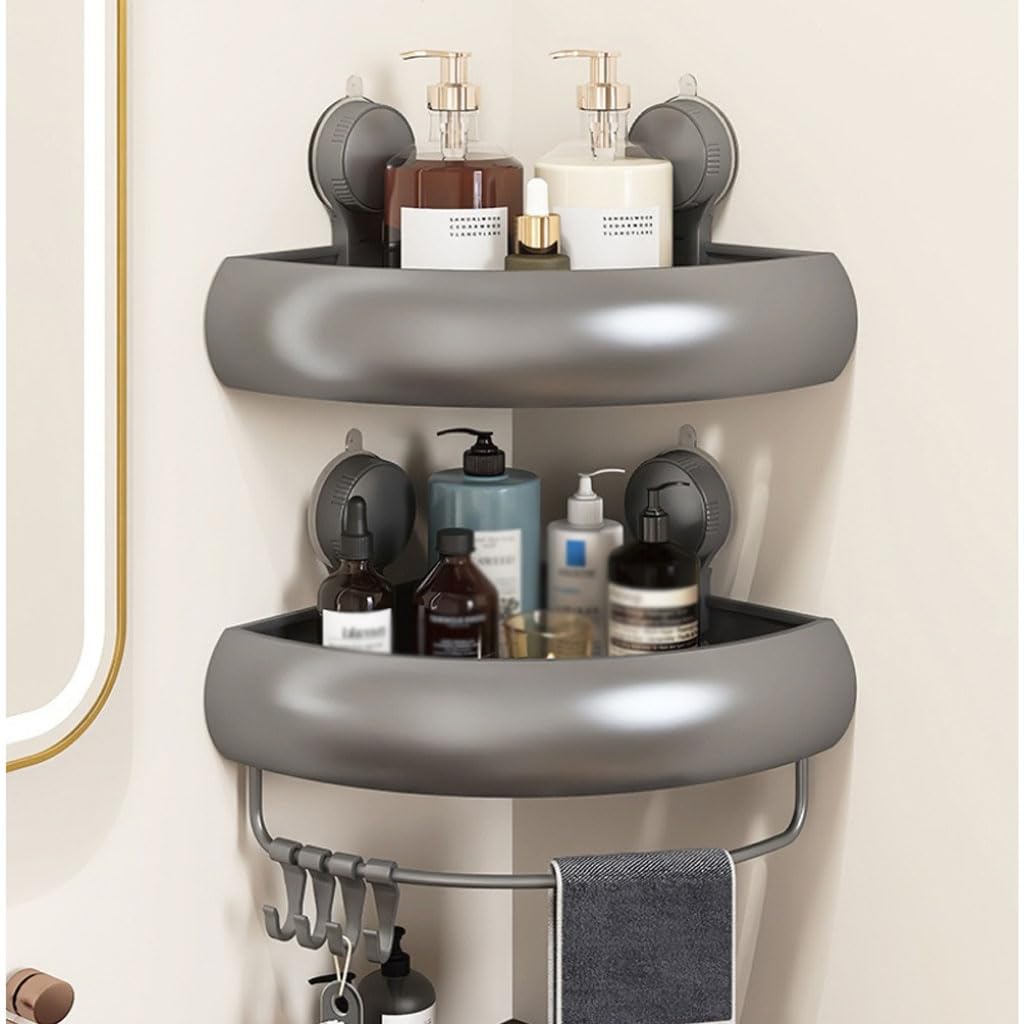 Estante de Ducha sin taladrar Estante de Esquina Triangular Organizador de baño con Soporte para Toallas y Ganchos, Estante ahorrador de Espacio para baño para Esquina de Ducha,Cremefarben,A