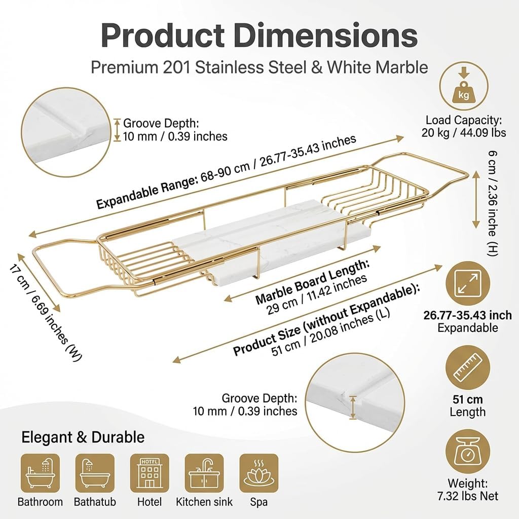 Bathtub Tray Caddy for Luxury Bath, Stainless Steel 26.8-35.4 in Expandable Extra Wide Bath Tub Tray with Natural Marble and Mobile/Tablet Stand, Ideal for Home Spa Lovers (Gold + White)