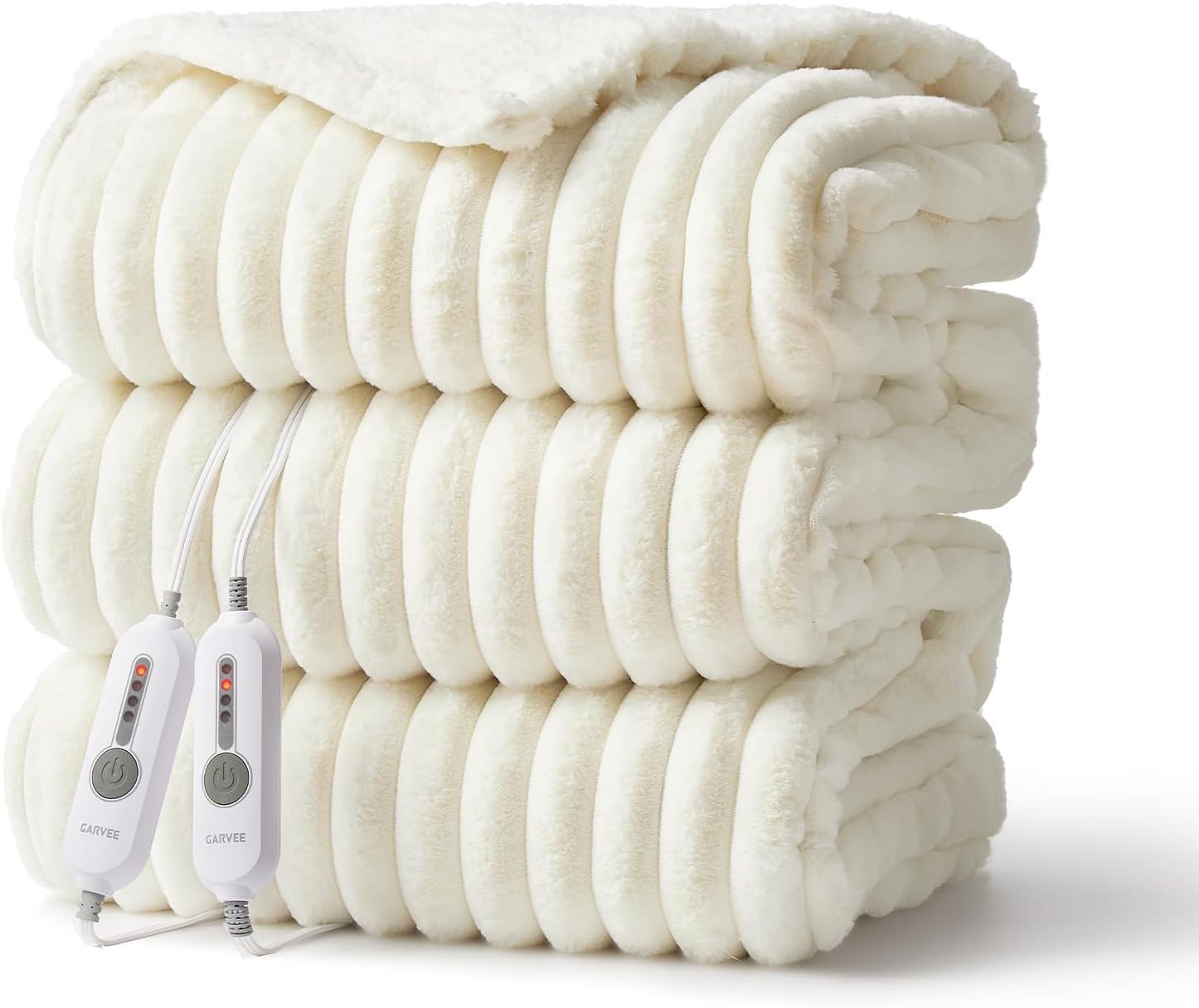 Image showing an electric blanket being placed into a washing machine, with icons indicating detachable controller, do not tumble dry, do not bleach, and do not iron.