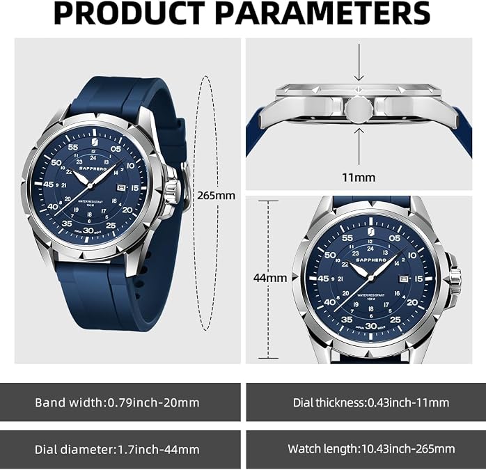 SAPPHERO Mens Watch 50M Waterproof Luminous Quartz Analog Watches with Date Display Casual Stylish Work Business Classic Silicone Strap Men's Wrist Watches Elegant Gifts for Men