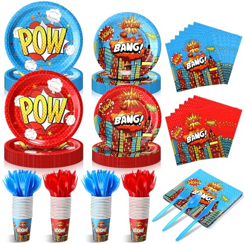 Potchen 210 Pcs Hero Party Supplies for 30 Guests Paper Plates Napkins Cups and Cutlery Red Blue Hero Themed Activity Disposable Tableware Decorations for Boys Birthday Party Baby Shower