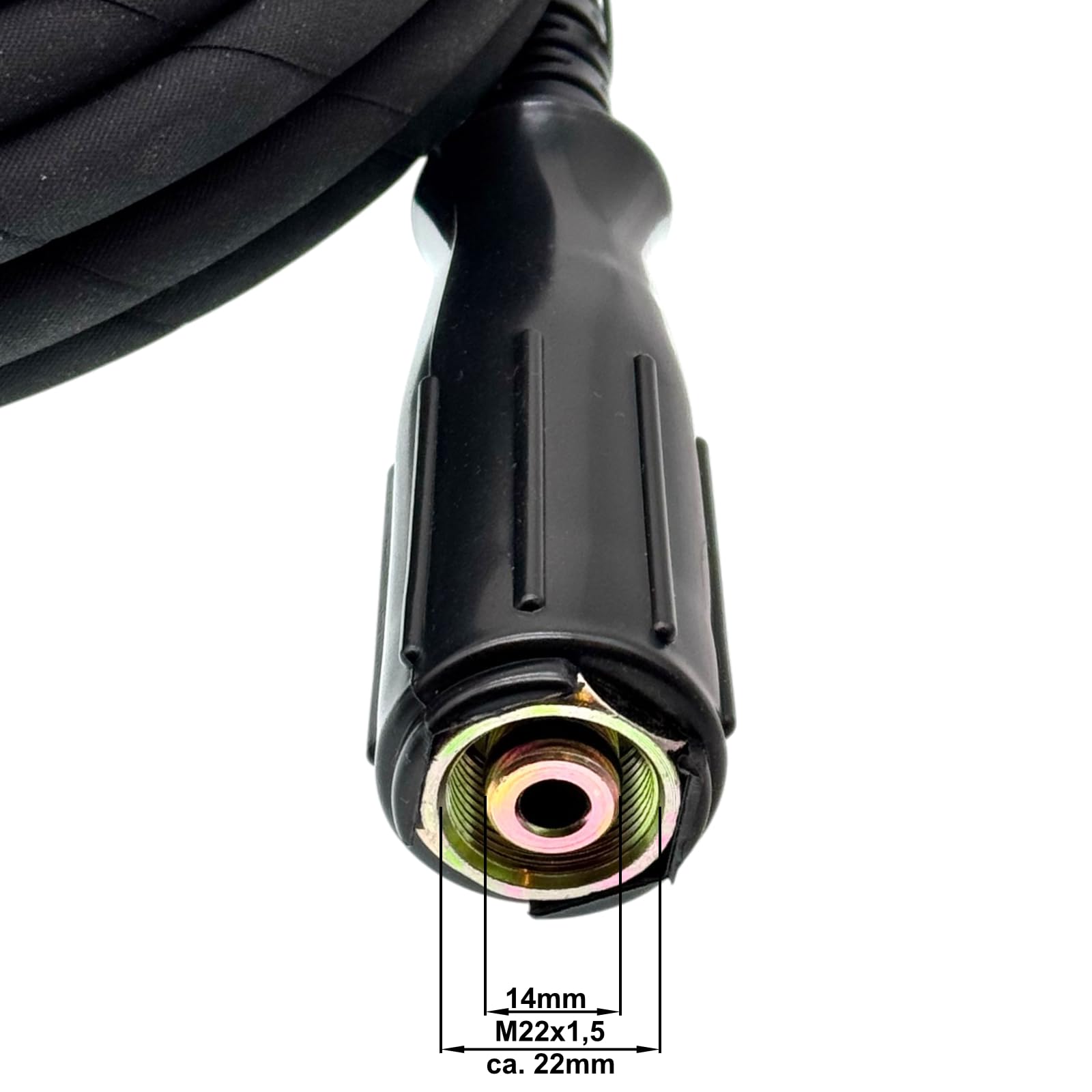 Manguera de alta presión apta para Kärcher HD 5/12 C hasta 2016 | rosca interior M22 mandril de 14 mm | 11 mm AVS giratorio | 220 bar | DN6 | hasta 150 °C | compatible con pistola Kärcher | manguera