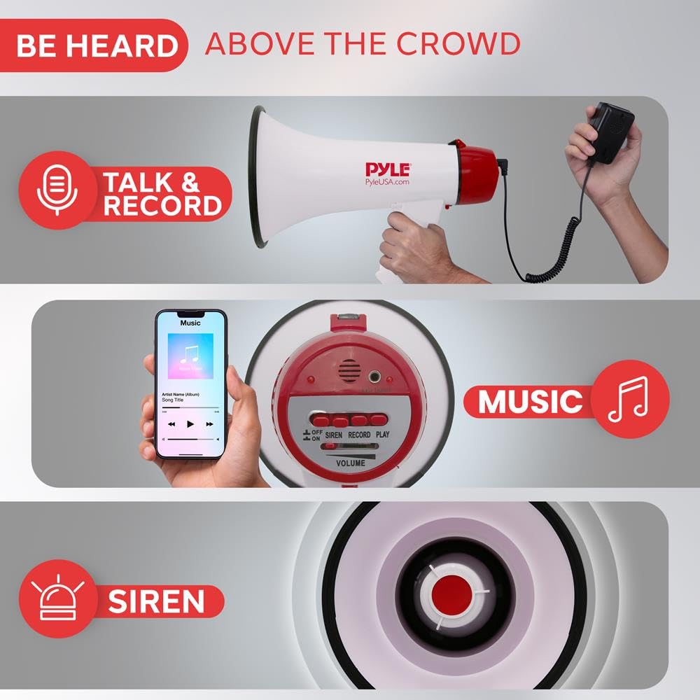 Pyle Altavoz megáfono PA Recargable, bocina de 40 W con Sirena, Entrada AUX, función de grabación y Rango de 900 m, Altavoz de Mano Fuerte para Entrenadores, animadoras, Ejercicios de Seguridad y