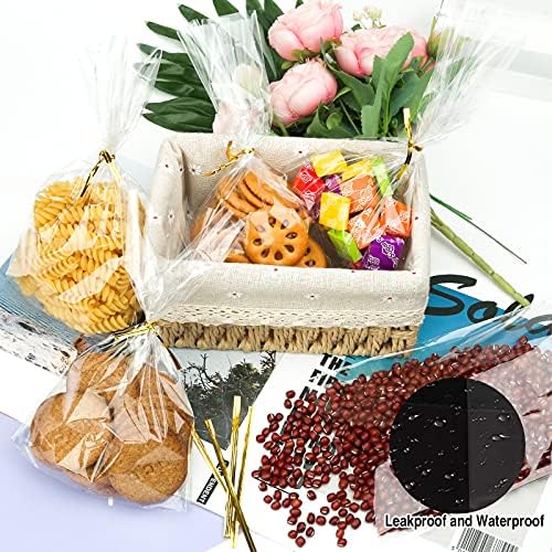 100Pcs Clear Cellophane Gift Bags, 13 * 21 cm (5 * 8.3 in) Plastic Sweets Treat Bags with Gold Twist Ties, Reusable OPP Plastic Candy Bags for Cookies Fruits Nuts Chocolates Popcorn Snacks
