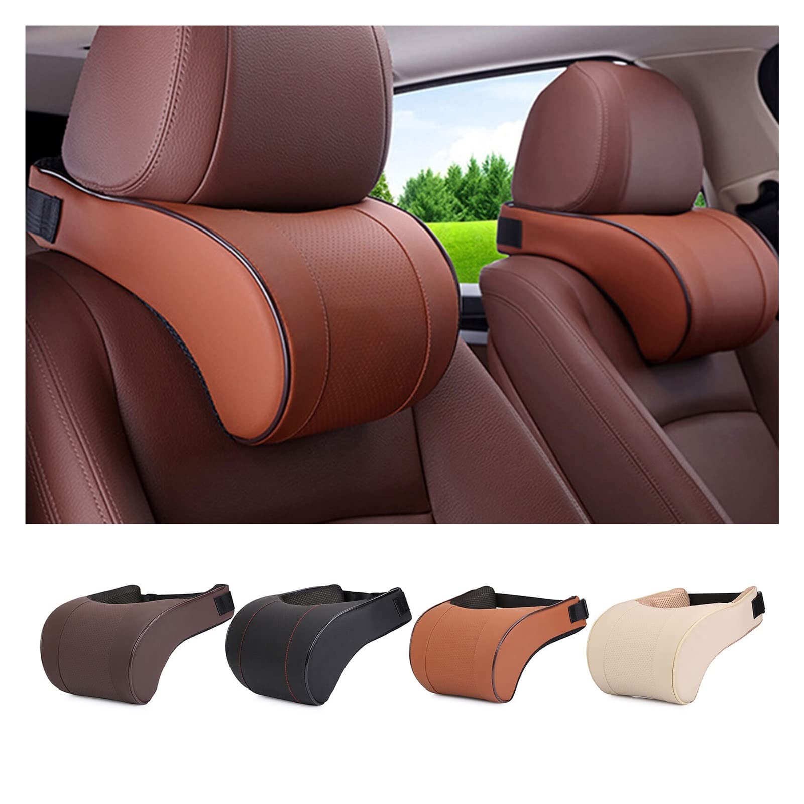 SSIMOO PU Leather Auto Car Neck Pillow Memory Foam Filling Neck Rest Seat Poggiatesta Cuscino Soluzione di Supporto Compatibile for Bambini e Adulti (Color : Beige)