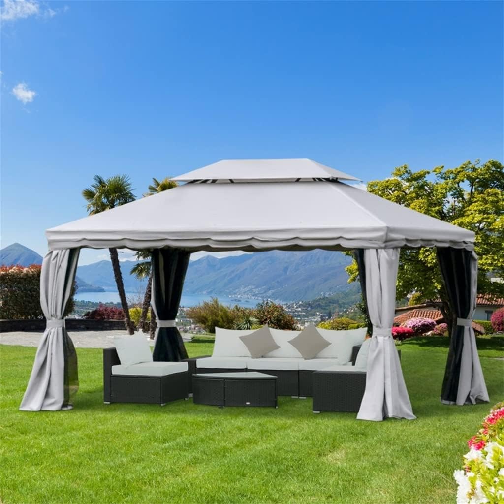 10' X 13' Patio Gazebo, 2-Tier Polyester Roof, Vented Canopy, Mesh, Portable Aluminum Frame for Outdoor, Grey