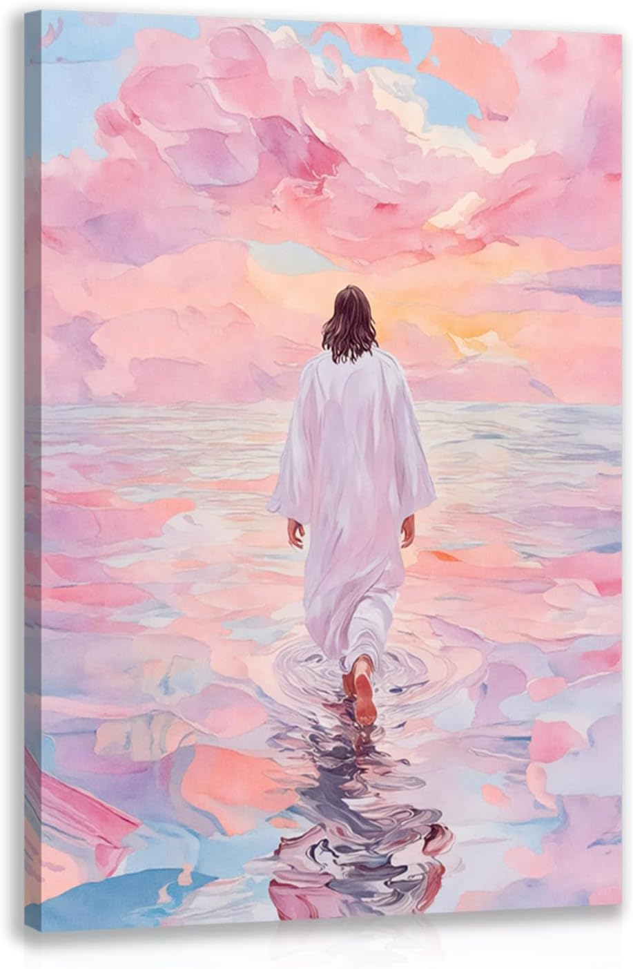 IAFWZX Framed Jesus Wall Art, Pink Jesus Walking on Water Wall Decor, Christian Religious Savior Canvas Painting, Pastel Christian Aesthetic Picture for Church Prayer Room Ready To Hang 16x24 Inch