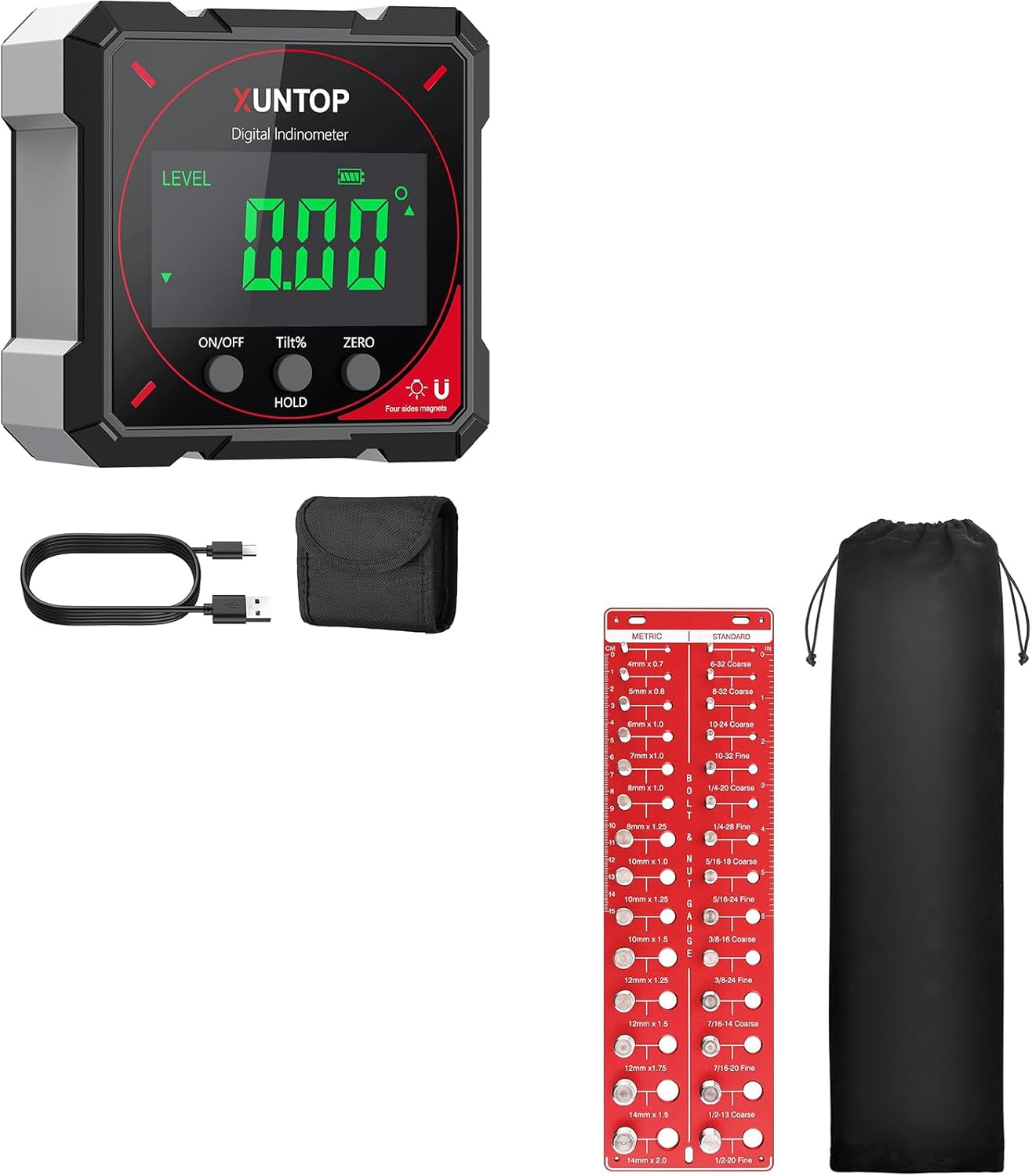 Pro Layout Kit: 4×90° Magnetic Digital Angle Finder & 28-Thread Checker, Type-C IP54, SAE/Metric ID, Wood & Metal Setup