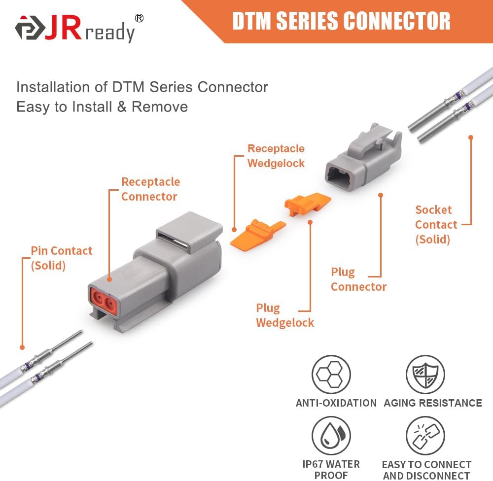 JRready ST6332 Deutsch DTM Connector Kit, 2 3 4 6 8 12 Pin Gray Waterproof DTM Connectors, Size 20 Solid Contact 16-22AWG, Removal Tool, Seal Plugs, Automotive Electrical Connectors, 542PCS