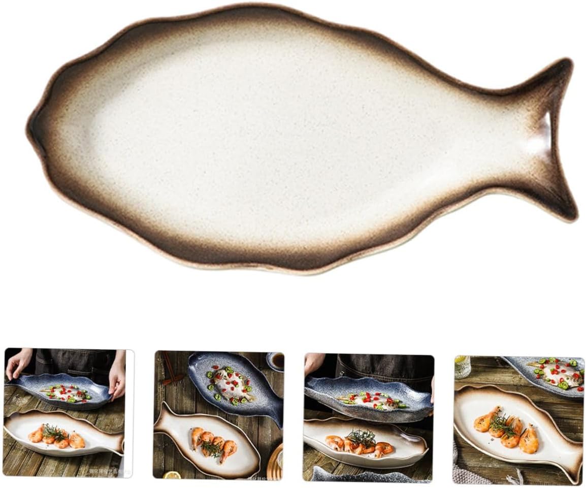 Ceramic Steamed Seafood Dish 14-inch Japanese Style Sushi Plate Creative Fish Serving Platter Food Storage Holder for Home and Restaurant