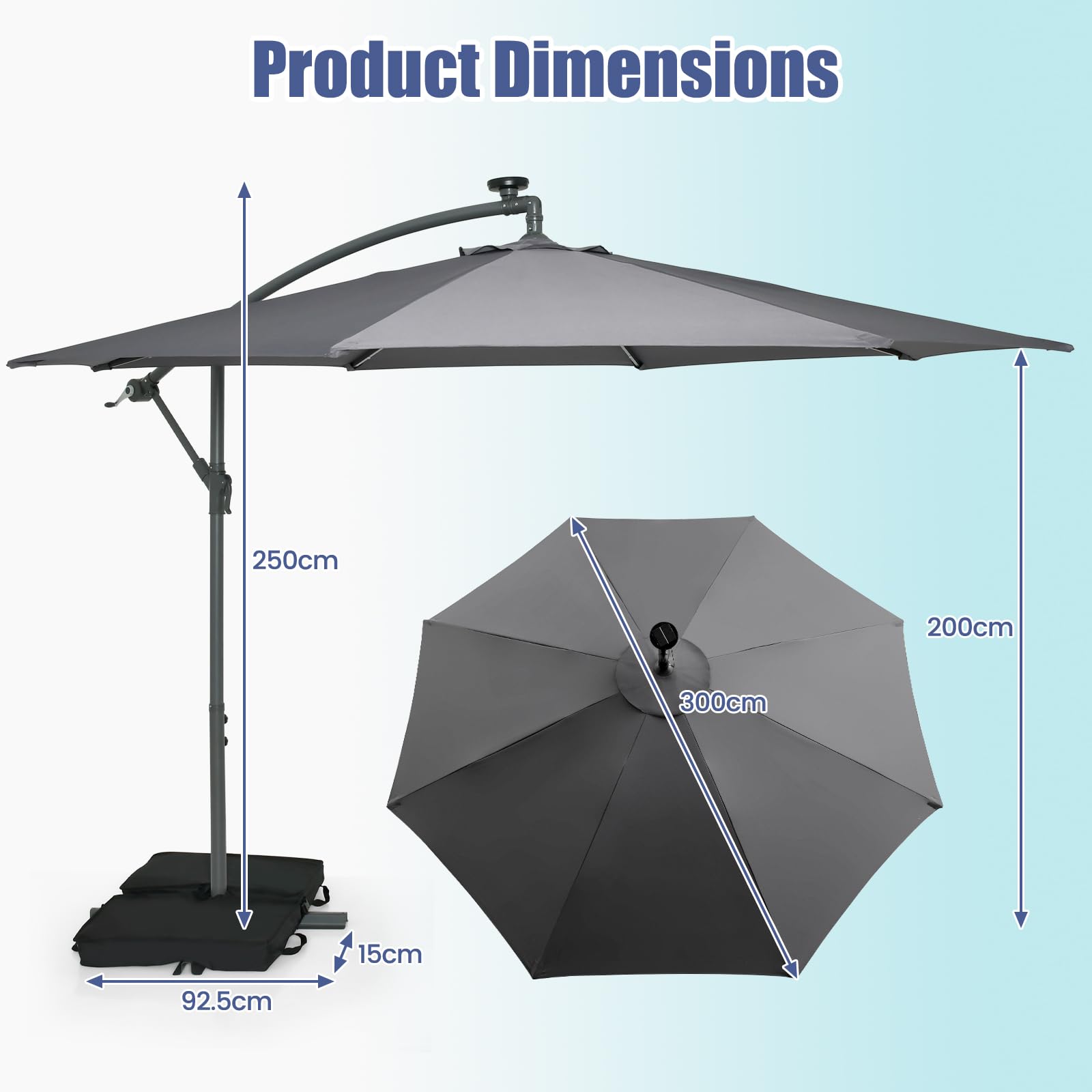 KOMFOTTEU Parasol Déporté Rond 3x3M inclinable, avec Pied & LED