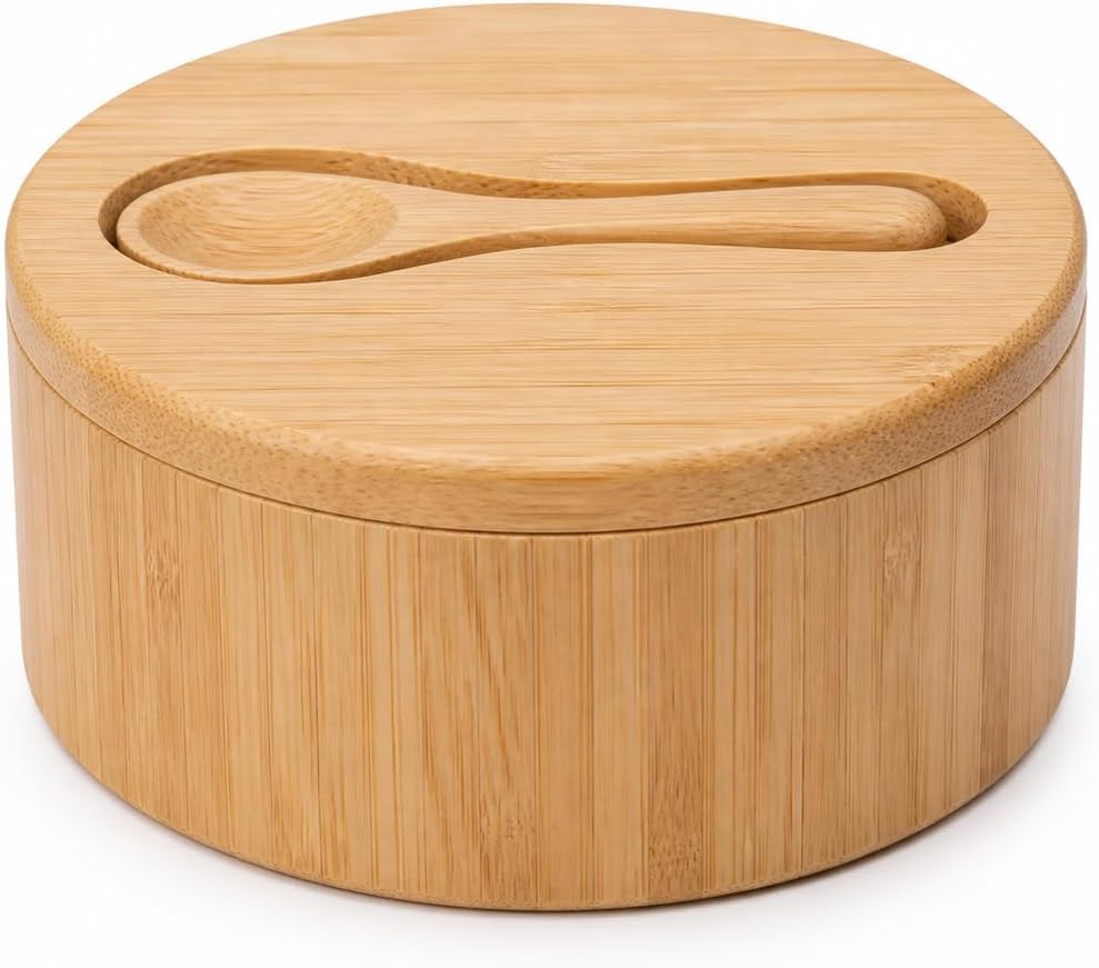 Bamboo Salt Box, 3-Compartment Wooden Salt Cellar with Spoon & Lid, Countertop Spice Container for Sea Salt, Pepper, Herbs & Seasonings, Natural Bamboo Kitchen Organizer