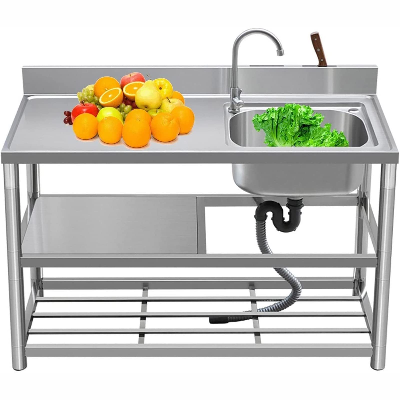 Fregadero de cocina independiente de acero inoxidable con desagüe 120x50x80 cm