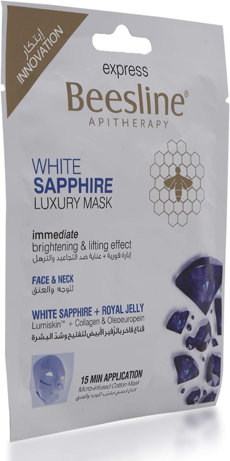 Beesline White Sapphire Luxury Royal Jelly Face Mask, Immediate Brightening & Lifting Effect, Face & Neck, 15 Min Application, Micro-Infused Cotton Mask, 30gm